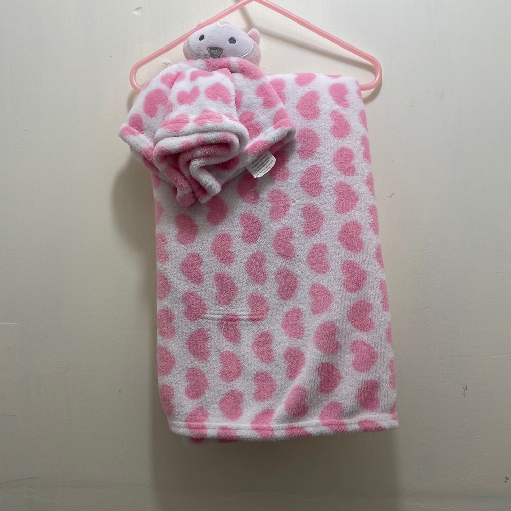 Cudlie Baby Blanket and‎ Owl Lovey Set Pink White Hearts Plush Fleece RN 65815
